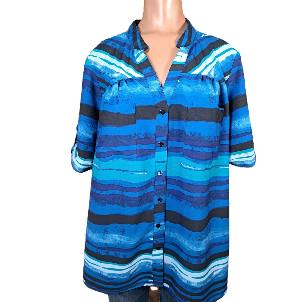 Essentials Womens Blue Black Striped‎ Button Down Blouse Short Sleeve Size 0X